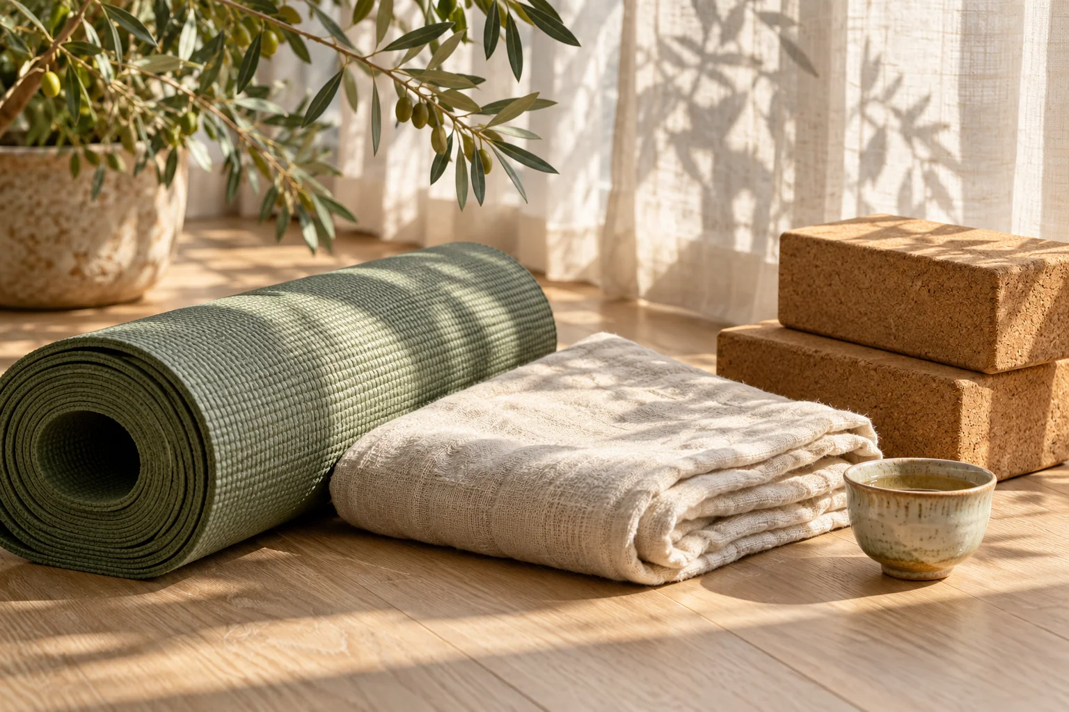 AI illustrative sage yoga mat, cork blocks and linen blanket
